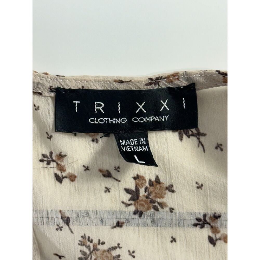 Trixxi Boho Floral Ruffle Mini Dress Beige Sheer Puff Sleeve Women’s Large - Picture 7 of 13